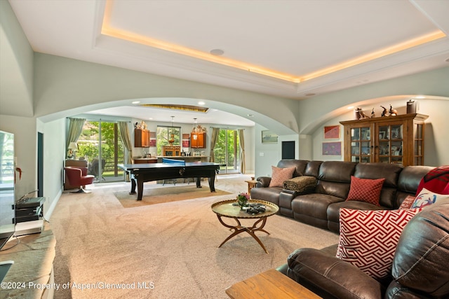 living room with a tray ceiling, carpet flooring, and pool table