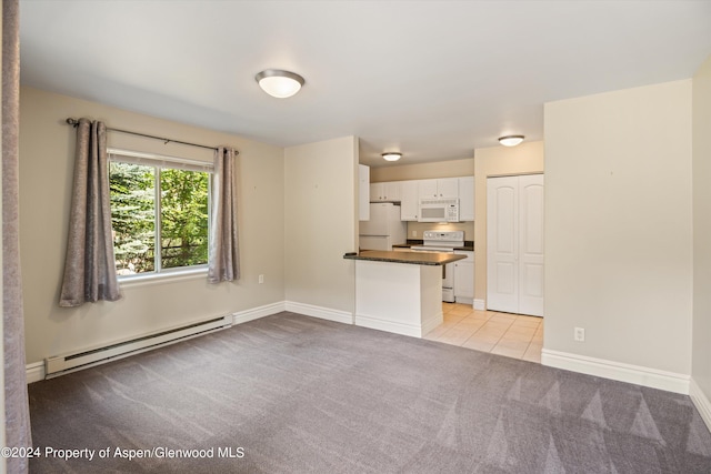 unfurnished living room with light carpet and a baseboard heating unit