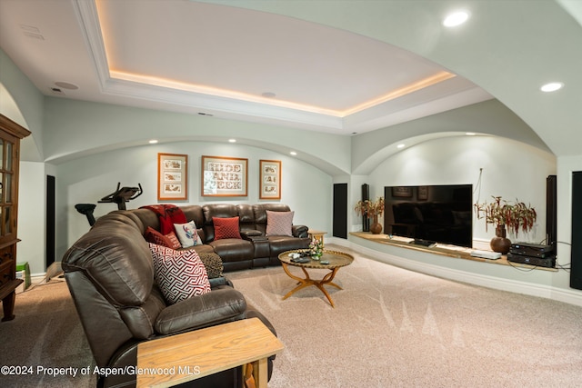 living room featuring a raised ceiling and carpet floors