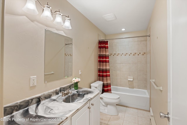 full bathroom with tile patterned flooring, shower / bath combination with curtain, vanity, and toilet