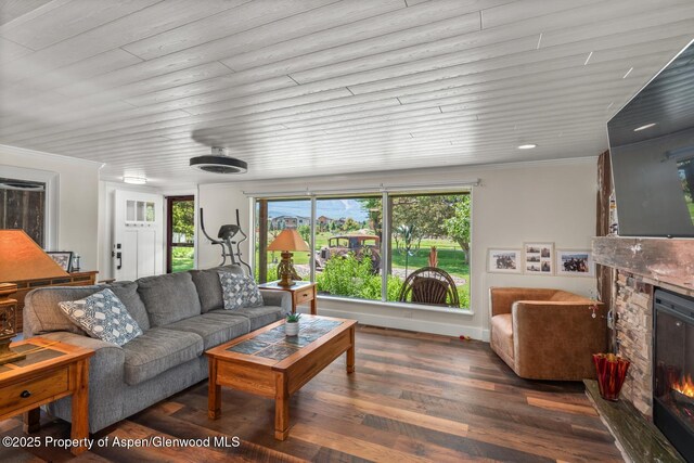 living area featuring wine cooler, ornamental molding, a fireplace, wood finished floors, and plenty of natural light