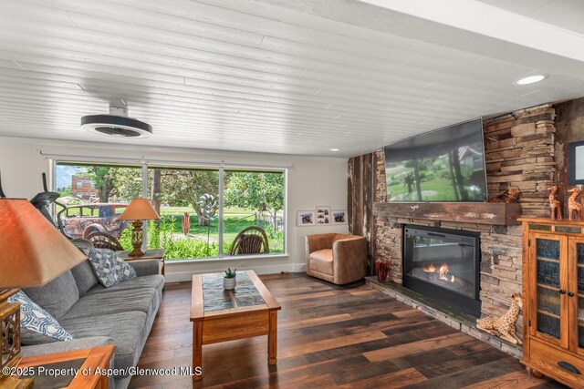 living room with a fireplace, wood finished floors, and a wealth of natural light