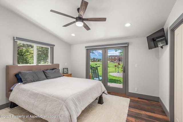 bedroom featuring baseboards, dark wood finished floors, lofted ceiling, recessed lighting, and access to exterior