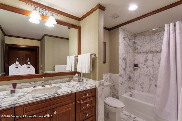 full bathroom featuring shower / bath combo, toilet, vanity, tile walls, and ornamental molding