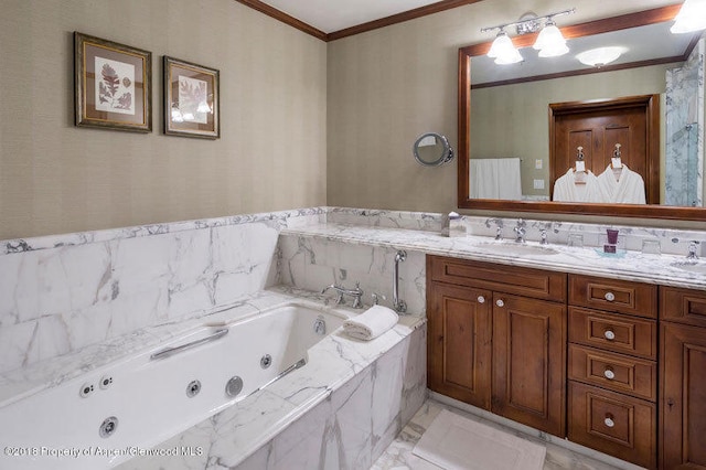 bathroom featuring vanity, tiled bath, and ornamental molding