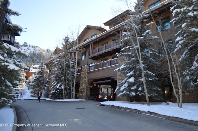 view of snow covered building