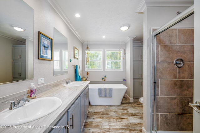 10155 6400th Rd, Montrose, CO 81401 - bathroom with ornamental molding, a stall shower, and a sink
