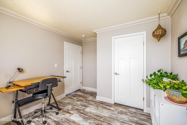 10155 6400th Rd, Montrose, CO 81401 - office space featuring a textured ceiling, ornamental molding, wood finished floors, and baseboards