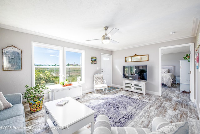10155 6400th Rd, Montrose, CO 81401 - living area featuring ornamental molding, wood finished floors, a ceiling fan, and baseboards