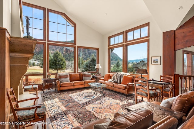 living area featuring a mountain view and high vaulted ceiling