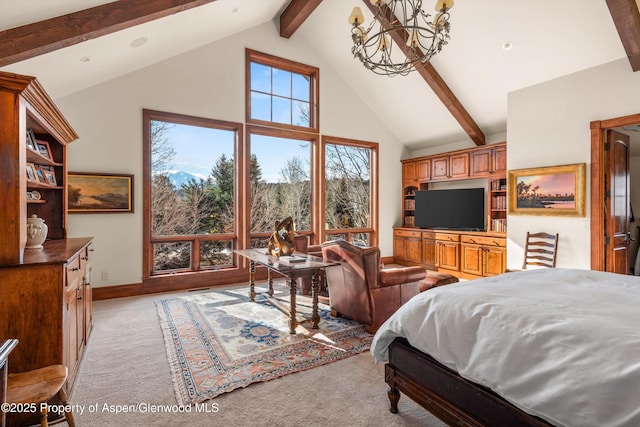 bedroom with beam ceiling, a notable chandelier, high vaulted ceiling, baseboards, and light colored carpet