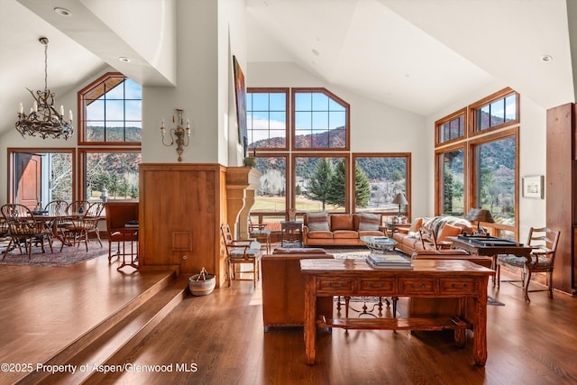 living area featuring high vaulted ceiling and wood finished floors