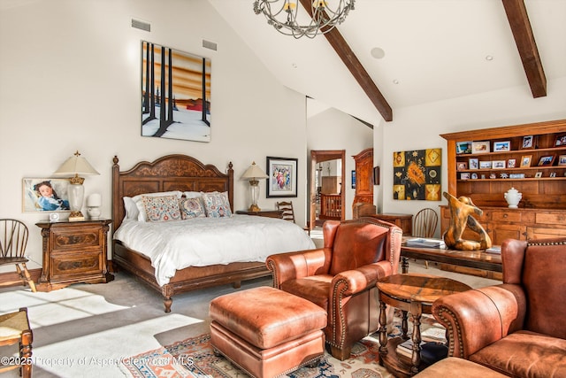 carpeted bedroom featuring visible vents, an inviting chandelier, and vaulted ceiling with beams