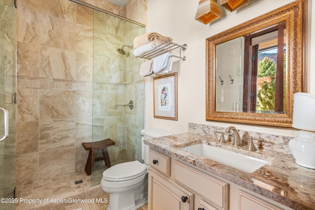 bathroom featuring vanity, a shower stall, and toilet