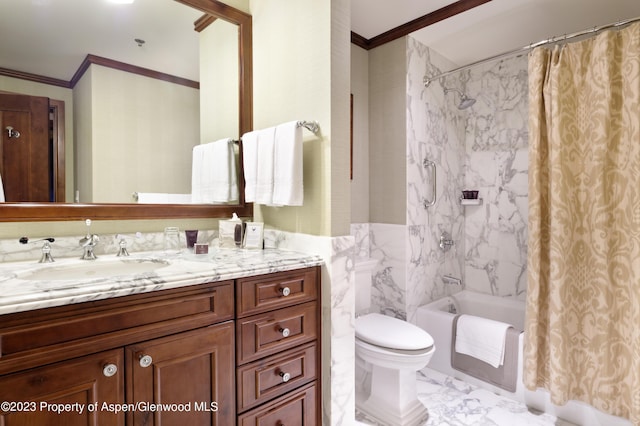 full bathroom featuring vanity, toilet, shower / bathtub combination with curtain, and crown molding