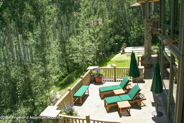 1614 Faraway Rd, Snowmass Village, CO 81615 - view of patio / terrace featuring a wooded view