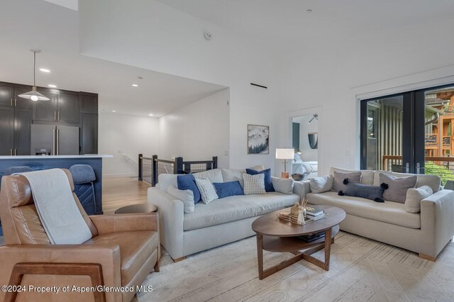 living room featuring french doors and light wood-type flooring