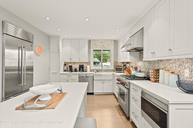 650 S Monarch St Unit 10, Aspen, CO 81612 - kitchen featuring built in appliances, ventilation hood, a sink, light countertops, and white cabinets