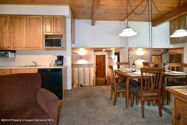 carpeted dining space featuring a sink, wooden ceiling, vaulted ceiling with beams, and ceiling fan