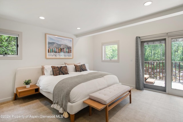 bedroom featuring access to exterior and light carpet