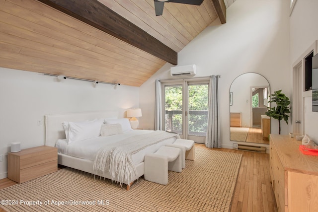 bedroom with a wall mounted AC, vaulted ceiling with beams, ceiling fan, a baseboard radiator, and light hardwood / wood-style floors