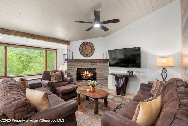 65 Campground Ln Unit 94, Snowmass Village, CO 81615 - living area featuring a fireplace, ceiling fan, wood finished floors, and wood ceiling