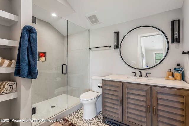 577 Fox Run Dr, Carbondale, CO 81623 - bathroom with vanity, a stall shower, and vaulted ceiling