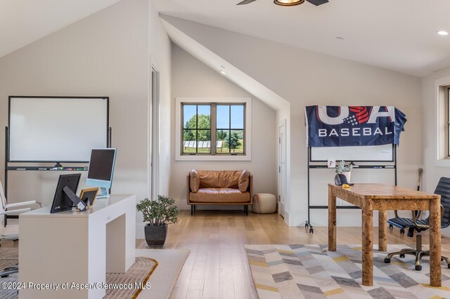 577 Fox Run Dr, Carbondale, CO 81623 - home office featuring vaulted ceiling, hardwood / wood-style floors, recessed lighting, and ceiling fan