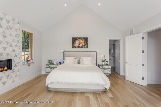 577 Fox Run Dr, Carbondale, CO 81623 - bedroom with light wood-style floors, high vaulted ceiling, a tiled fireplace, a spacious closet, and recessed lighting