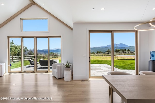 577 Fox Run Dr, Carbondale, CO 81623 - dining area with a mountain view, wood finished floors, recessed lighting, radiator, and high vaulted ceiling