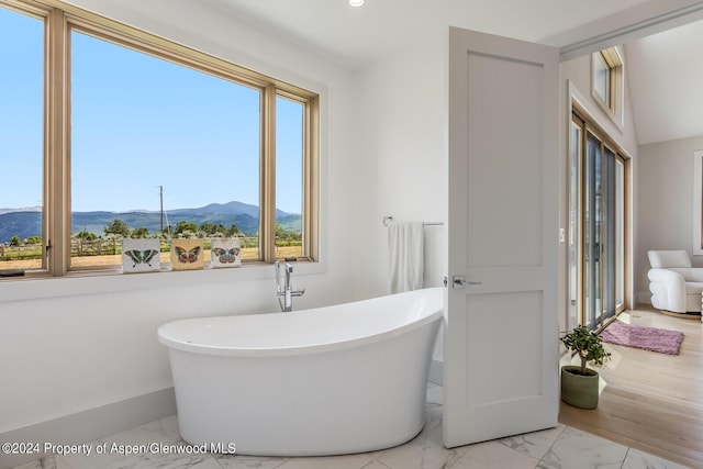 577 Fox Run Dr, Carbondale, CO 81623 - full bath with a mountain view, a freestanding tub, marble finish flooring, and recessed lighting