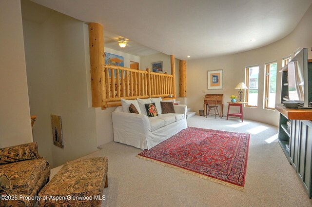 48 Creekside Ct, Glenwood Springs, CO 81601 - living area with carpet floors, a ceiling fan, and recessed lighting