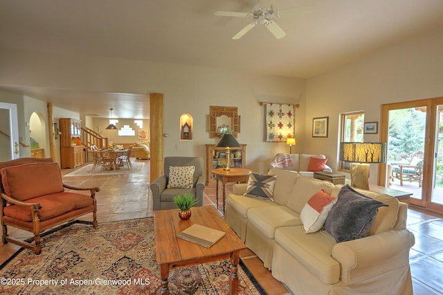 48 Creekside Ct, Glenwood Springs, CO 81601 - living area featuring ceiling fan and arched walkways