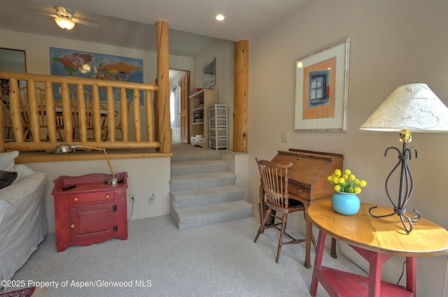 48 Creekside Ct, Glenwood Springs, CO 81601 - living room with carpet flooring, ceiling fan, recessed lighting, and stairs