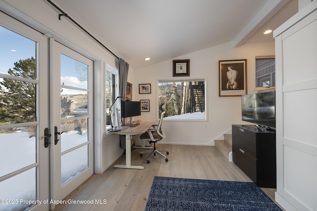 office area featuring lofted ceiling, recessed lighting, baseboards, light wood-style floors, and french doors