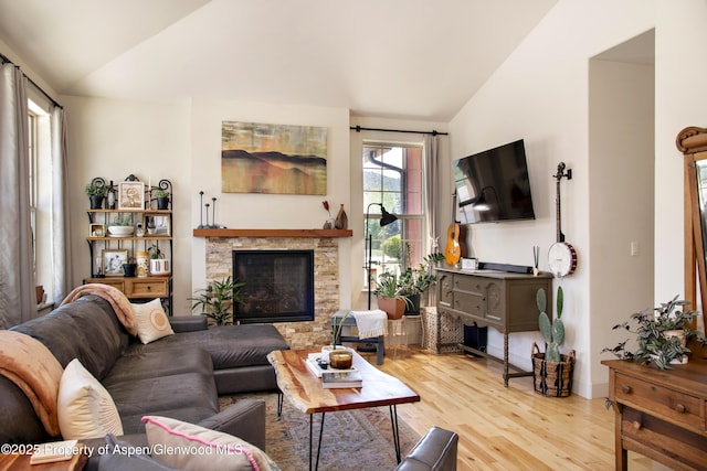 249 Whitehorse Dr, New Castle, CO 81647 - living area featuring lofted ceiling, wood finished floors, and a fireplace