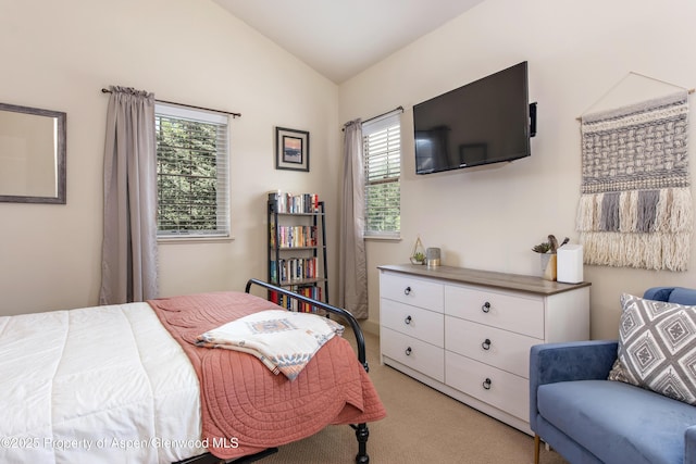 249 Whitehorse Dr, New Castle, CO 81647 - bedroom featuring light colored carpet, lofted ceiling, and multiple windows