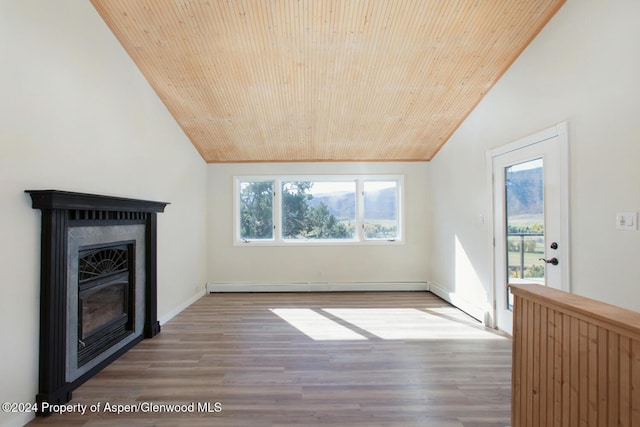 unfurnished living room with hardwood / wood-style flooring, wooden ceiling, vaulted ceiling, and a baseboard heating unit