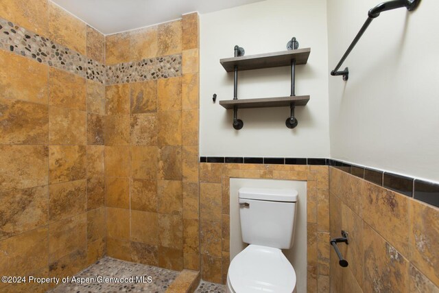 bathroom featuring toilet, tile walls, and a tile shower