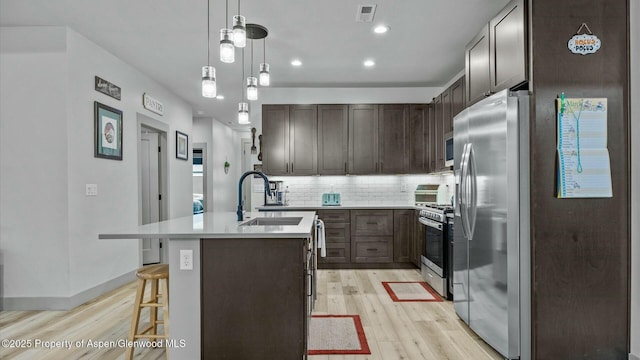 kitchen featuring a sink, visible vents, appliances with stainless steel finishes, tasteful backsplash, and an island with sink