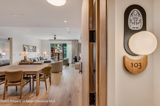 dining room featuring recessed lighting, light wood-type flooring, and ceiling fan