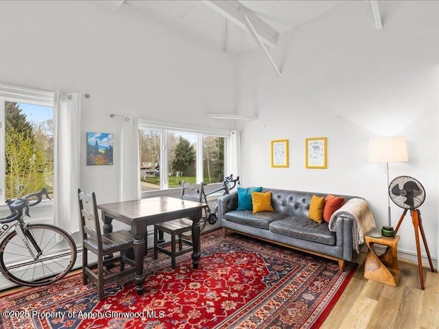 412 Mill St # B9, Aspen, CO 81611 - living room featuring high vaulted ceiling, wood finished floors, beamed ceiling, and plenty of natural light