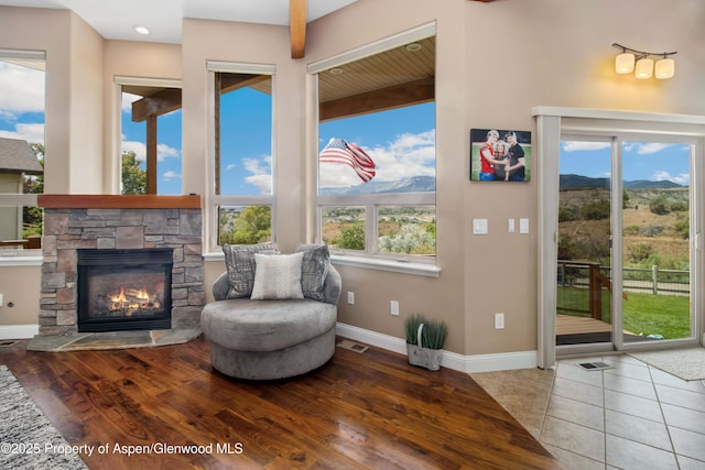 1783 Anvil View Ave, Rifle, CO 81650 - sitting room featuring a fireplace, wood finished floors, and a mountain view