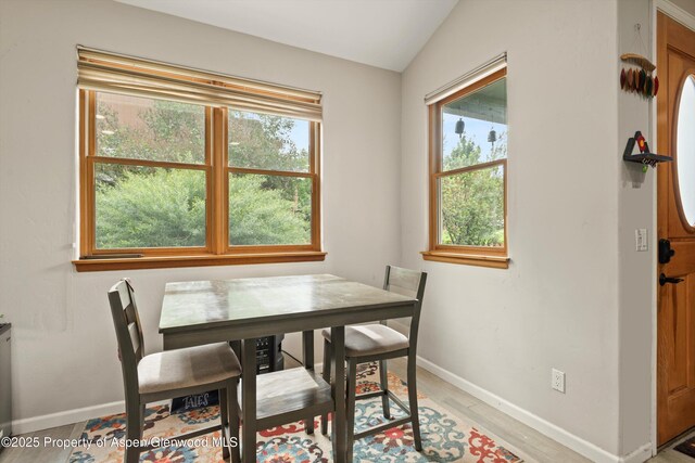 287 Southside Dr, Basalt, CO 81621 - dining space featuring baseboards, vaulted ceiling, and light wood-style floors