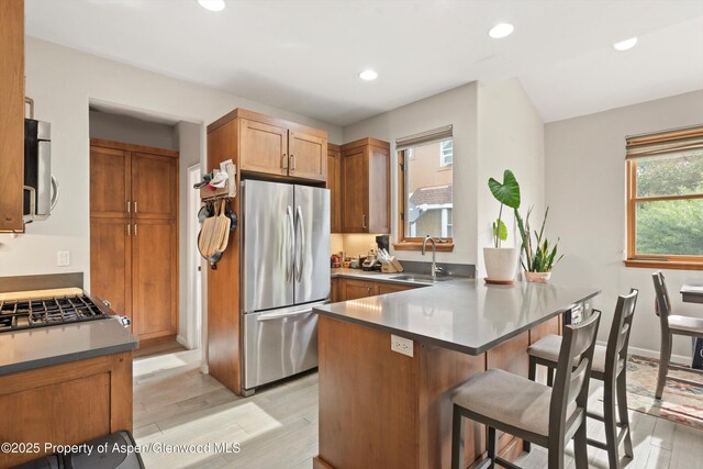 287 Southside Dr, Basalt, CO 81621 - kitchen featuring stainless steel appliances, a sink, light wood finished floors, a peninsula, and recessed lighting