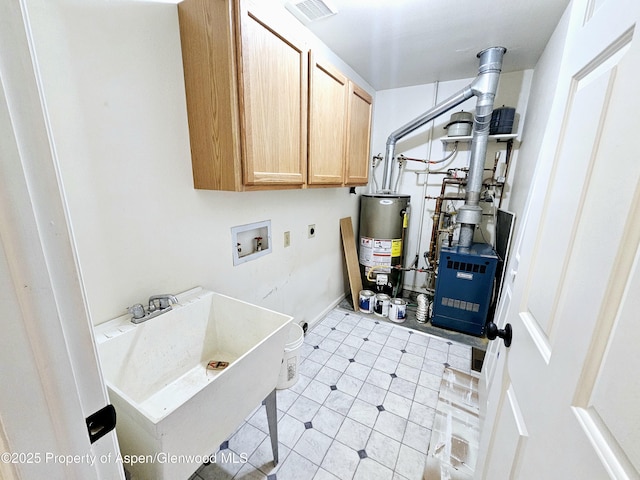 laundry room with electric dryer hookup, sink, hookup for a washing machine, cabinets, and water heater