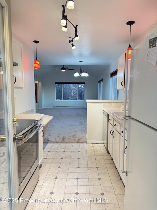 kitchen with stainless steel range with electric stovetop, white cabinetry, dishwashing machine, and white fridge