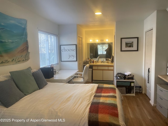 bedroom featuring a sink, ensuite bath, and wood finished floors