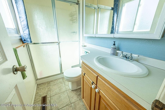 full bath with vanity, visible vents, toilet, tile patterned floors, and a stall shower