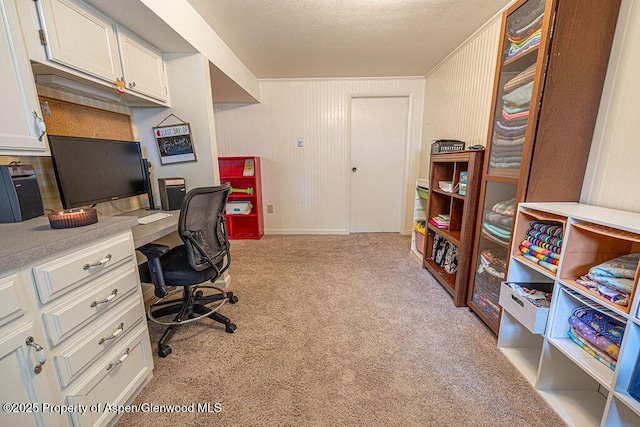 office area featuring light carpet